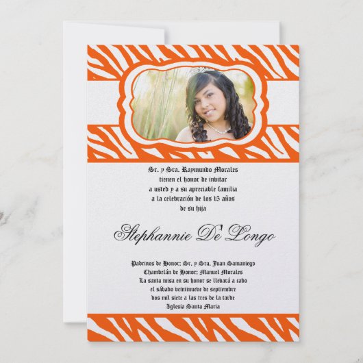5x7 Oran Zebra Print Patter Quinceanera Uitnodigin Kaart (Voorkant)