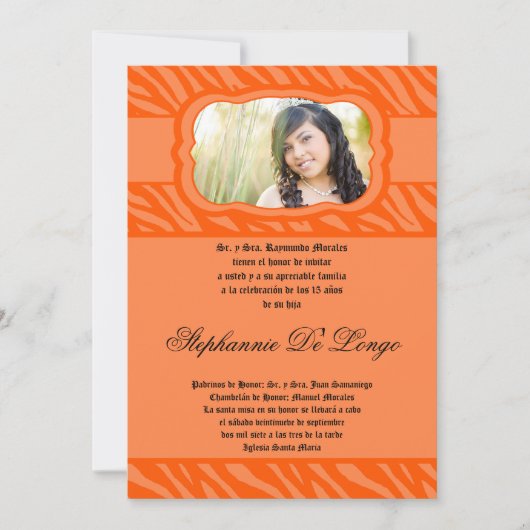 5x7 Oran Zebra Print Patter Quinceanera Uitnodigin Kaart (Voorkant)
