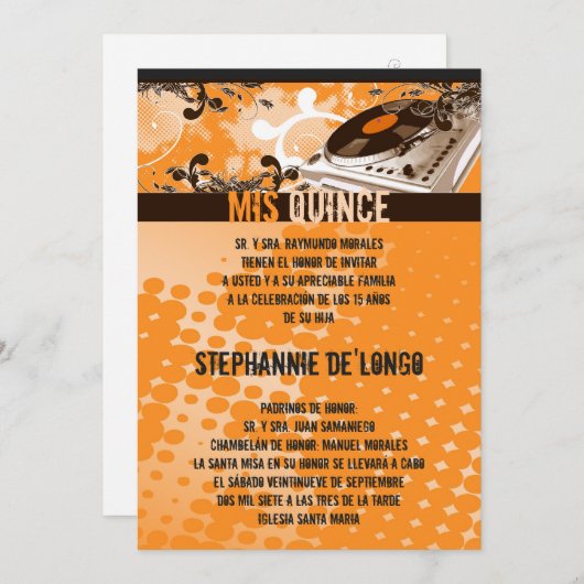 5x7 Orang DJ Spin Platenspeler Quinceanera Uitnodi Kaart (Voorkant / Achterkant)