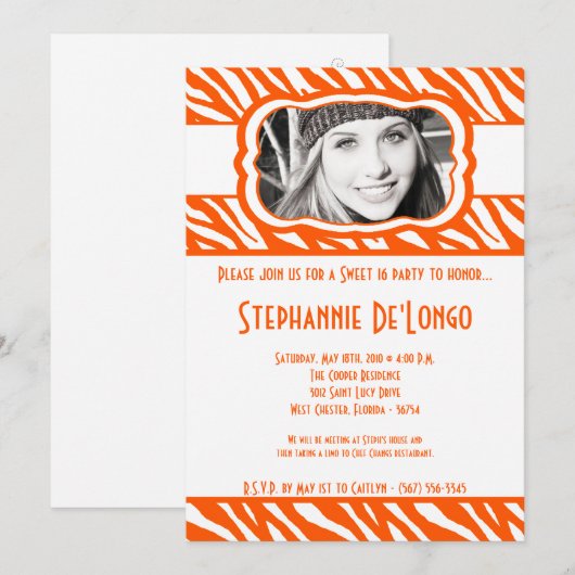 5x7 Orang Zebra FOTO Sweet 16 Verjaardag Uitnodigi Kaart (Voorkant / Achterkant)