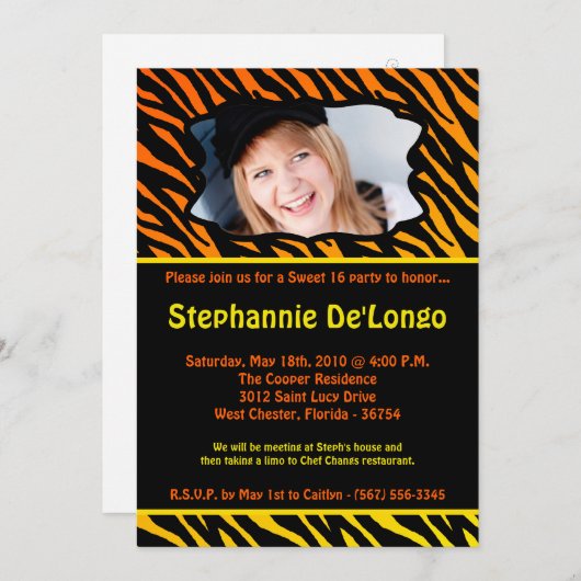 5x7 Orang Zebra FOTO Sweet 16 Verjaardag Uitnodigi Kaart (Voorkant / Achterkant)