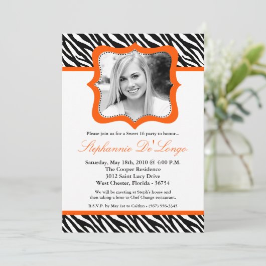 5x7 Orang Zebra PHOTO Sweet 16 Birthday Uitnodigin Kaart (Staand voorkant)