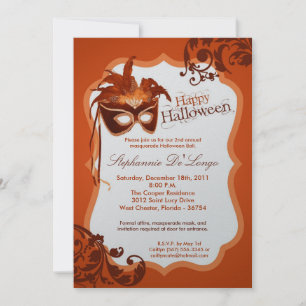 5x7 Orange Masquerade Mask Halloween Invitation Kaart