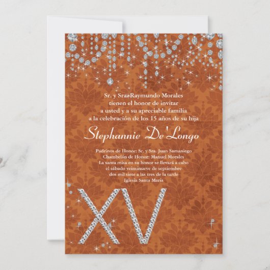 5x7 Oranje Diamond Quinceanera Verjaardagsuitnodig Kaart (Voorkant)