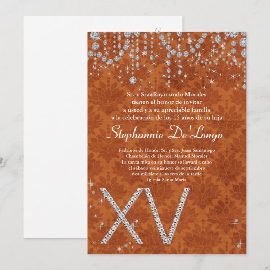 5x7 Oranje Diamond Quinceanera Verjaardagsuitnodig Kaart (Voorkant / Achterkant)