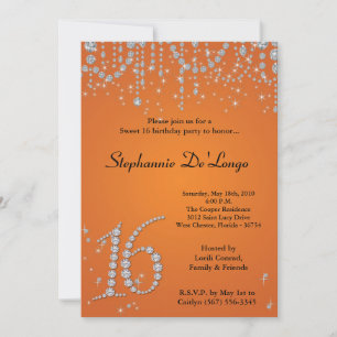 5x7 Oranje Diamond Sweet 16 Birthday Invitation Kaart