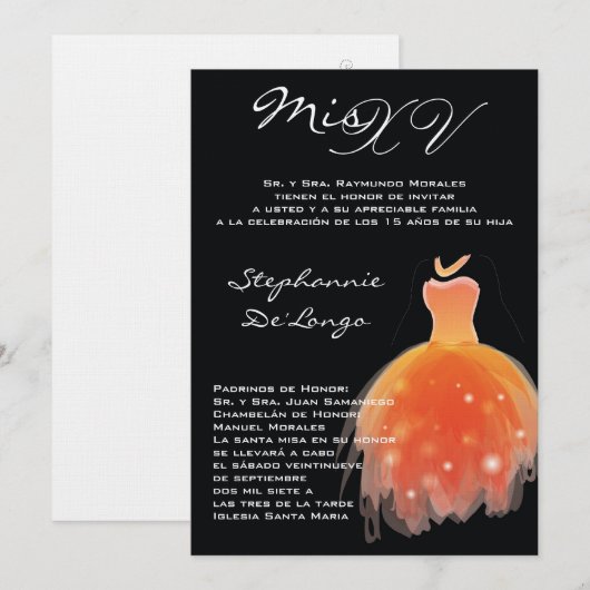 5x7 Oranje Dress Quinceanera Birthday Uitnodiging (Voorkant / Achterkant)