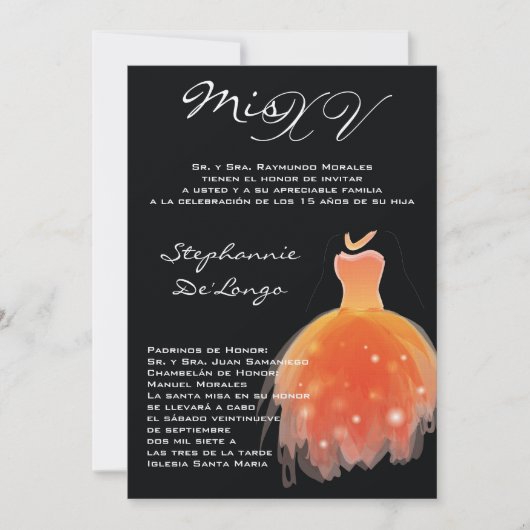 5x7 Oranje Dress Quinceanera Birthday Uitnodiging (Voorkant)