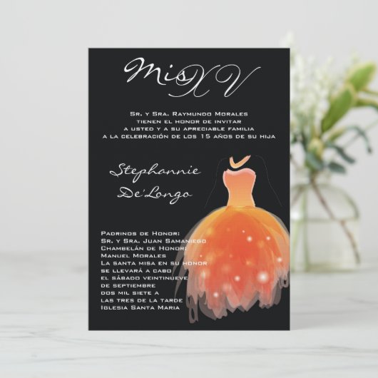 5x7 Oranje Dress Quinceanera Birthday Uitnodiging (Staand voorkant)