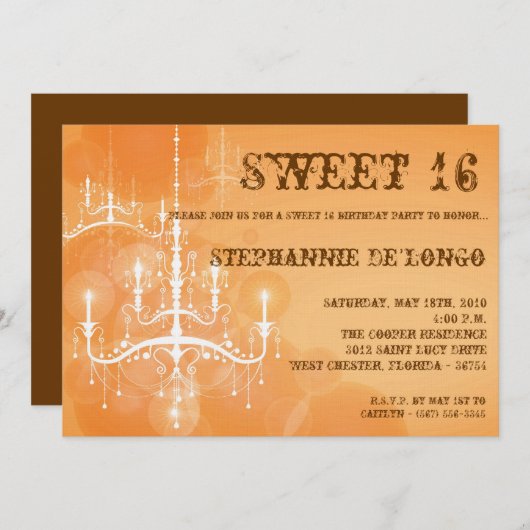 5x7 Oranje kroonluchter Sweet 16 Verjaardag Uitnod Kaart (Voorkant / Achterkant)