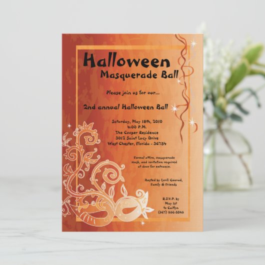 5x7 Oranje Masquerade Halloween Ball Invitation Kaart (Staand voorkant)