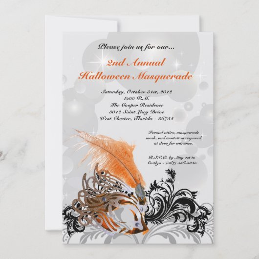5x7 Oranje Masquerade Halloween Costume Invitation Kaart (Voorkant)