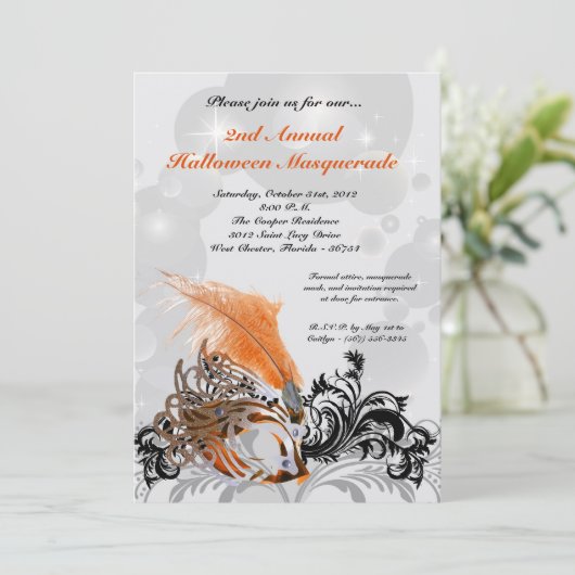 5x7 Oranje Masquerade Halloween Costume Invitation Kaart (Staand voorkant)