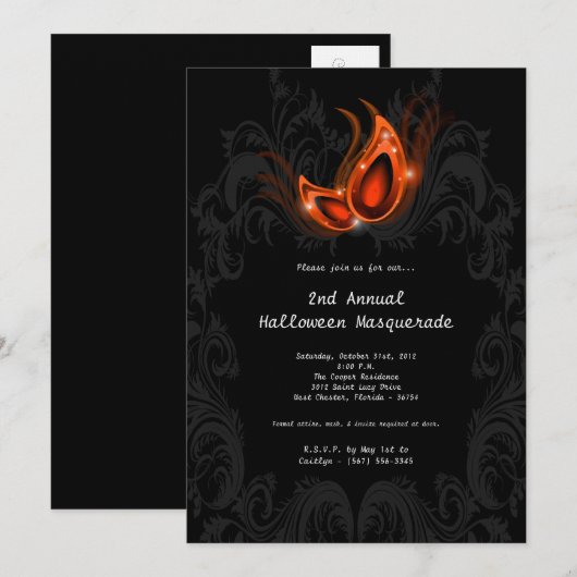 5x7 Oranje Masquerade Halloween Costume Invitation Kaart (Voorkant / Achterkant)