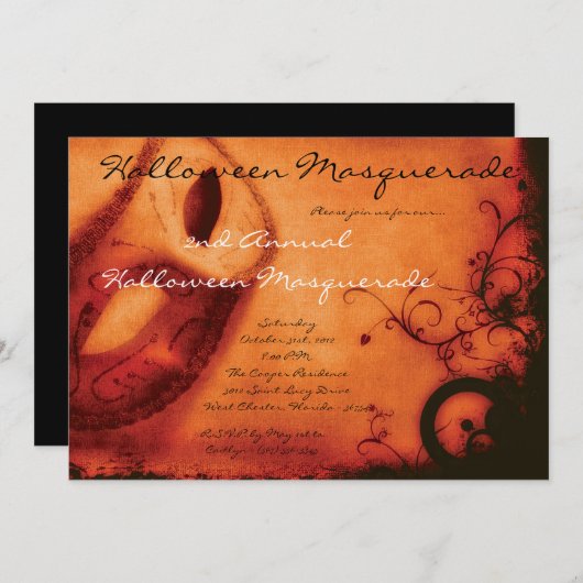 5x7 Oranje Masquerade Halloween Costume Invitation Kaart (Voorkant / Achterkant)