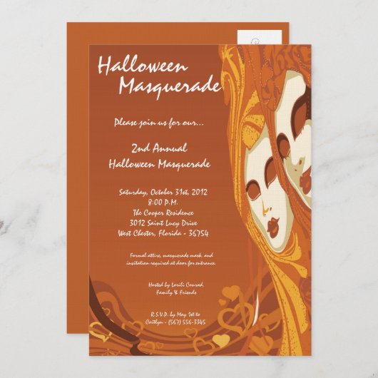 5x7 Oranje Masquerade Halloween Costume Invitation Kaart (Voorkant / Achterkant)