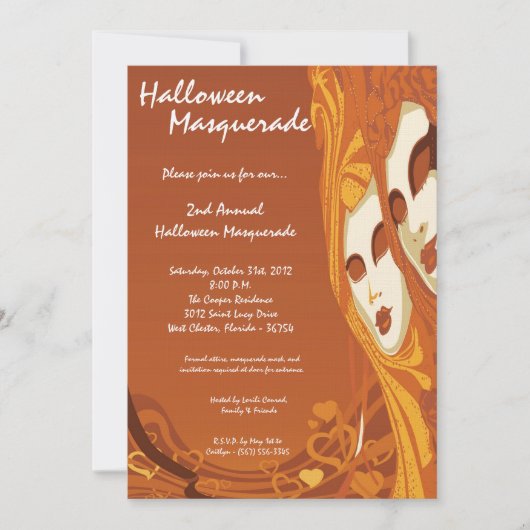5x7 Oranje Masquerade Halloween Costume Invitation Kaart (Voorkant)