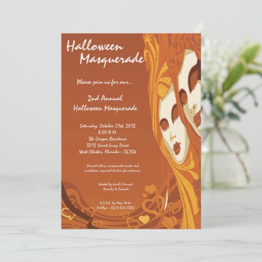 5x7 Oranje Masquerade Halloween Costume Invitation Kaart (Staand voorkant)
