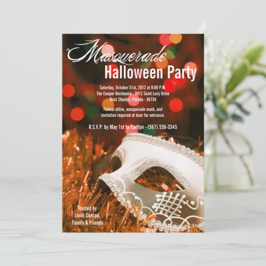 5x7 Oranje Masquerade Halloween Costume Invitation Kaart (Staand voorkant)