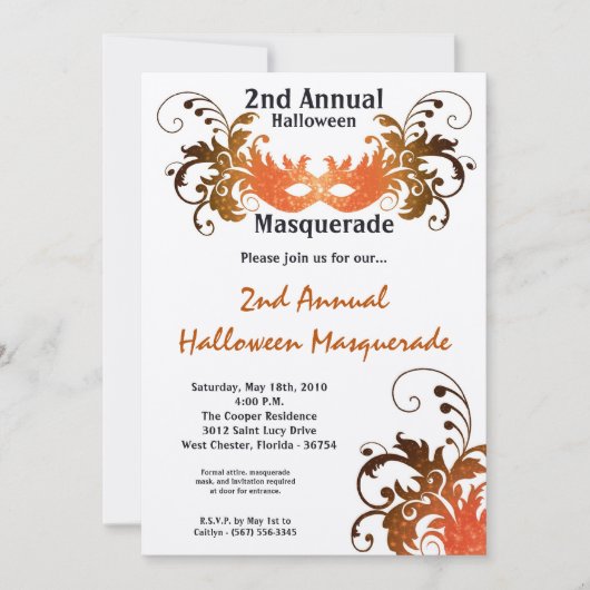 5x7 Oranje Masquerade Halloween Costume Invitation Kaart (Voorkant)
