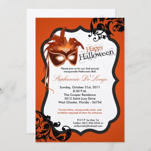 5x7 Oranje Masquerade Mask Halloween Invitation Kaart (Voorkant / Achterkant)
