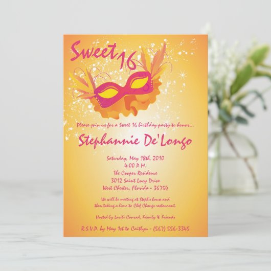 5x7 Oranje Masquerade Sweet 16 Birthday Uitnodigin Kaart (Staand voorkant)