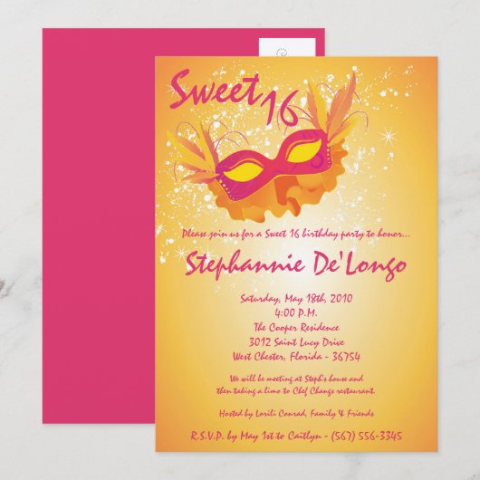 5x7 Oranje Masquerade Sweet 16 Birthday Uitnodigin Kaart (Voorkant / Achterkant)
