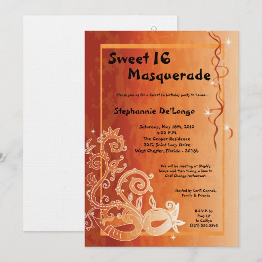 5x7 Oranje Masquerade Sweet 16 Birthday Uitnodigin Kaart (Voorkant / Achterkant)