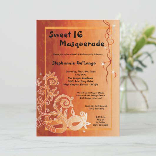 5x7 Oranje Masquerade Sweet 16 Birthday Uitnodigin Kaart (Staand voorkant)