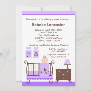 5x7 Paars Girl Nursey Baby shower Uitnodiging