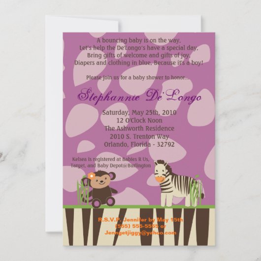 5x7 Paarse Baby shower Uitnodiging (Voorkant)