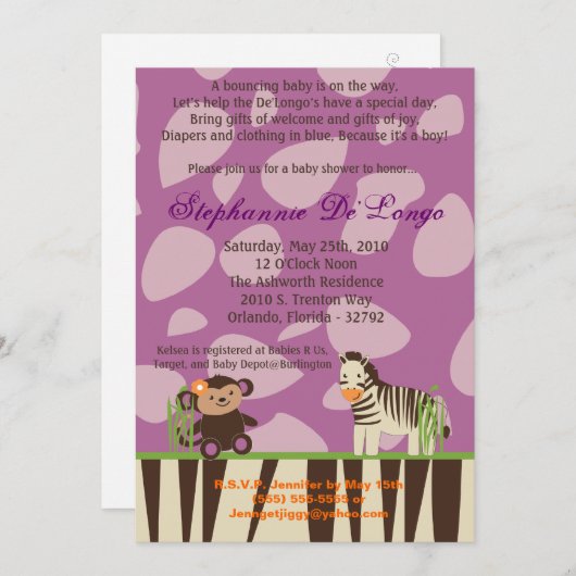 5x7 Paarse Baby shower Uitnodiging (Voorkant / Achterkant)