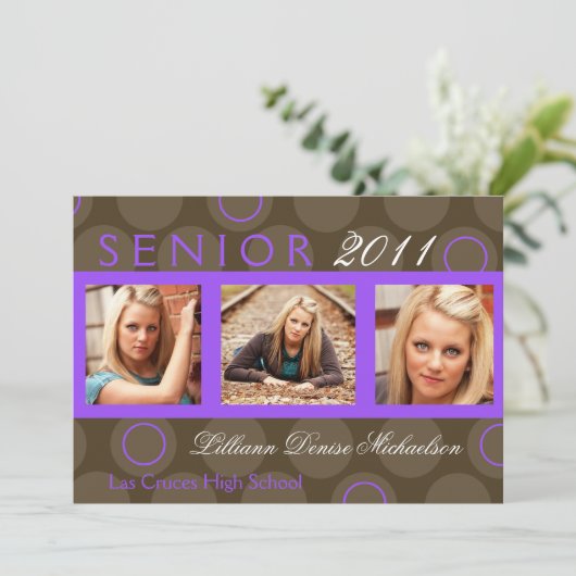 5x7 Paarse Cirkel Polka Photo Senior Aankondiging (Staand voorkant)