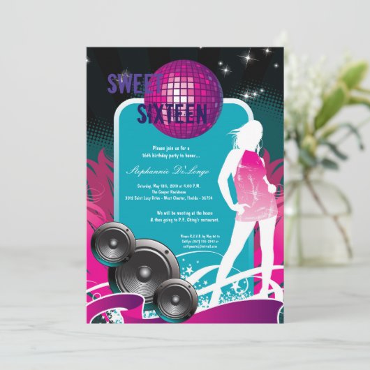 5x7 Paarse dansfeest DJ 16e verjaardag uitnodiging (Staand voorkant)