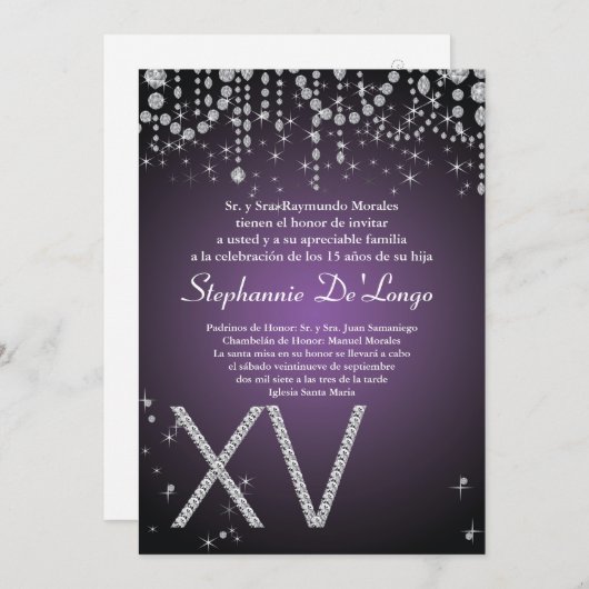 5x7 Paarse Diamond Quinceanera Verjaardagsuitnodig Kaart (Voorkant / Achterkant)