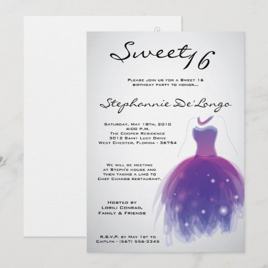 5x7 Paarse Dress Sweet 16 Birthday Invitation Kaart (Voorkant / Achterkant)