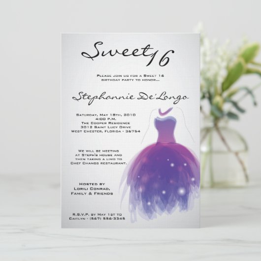 5x7 Paarse Dress Sweet 16 Birthday Invitation Kaart (Staand voorkant)