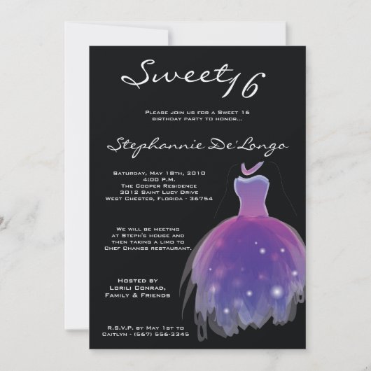 5x7 Paarse Dress Sweet 16 Birthday Invitation Kaart (Voorkant)