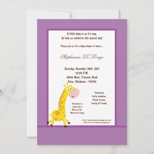5x7 Paarse Giraffe Baby shower uitnodiging (Voorkant)