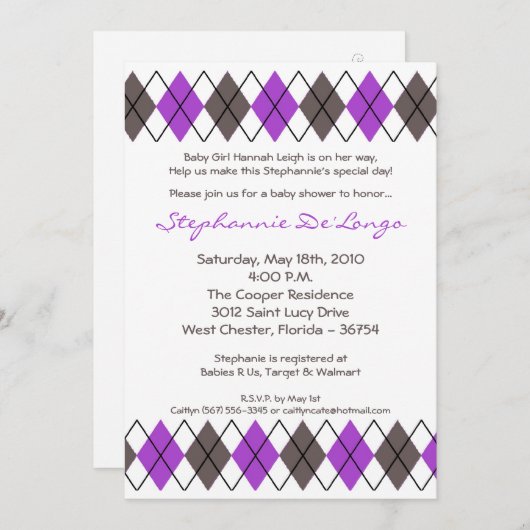 5x7 Paarse Grijze Argyle Punk Baby shower Uitnodig Kaart (Voorkant / Achterkant)