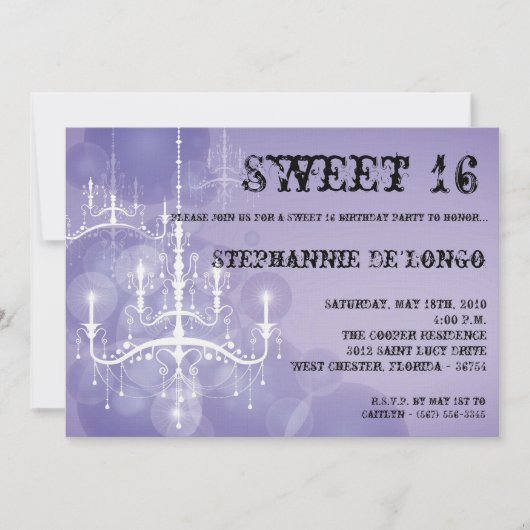 5x7 Paarse Luhandelier Sweet 16 Uitnodiging (Voorkant)