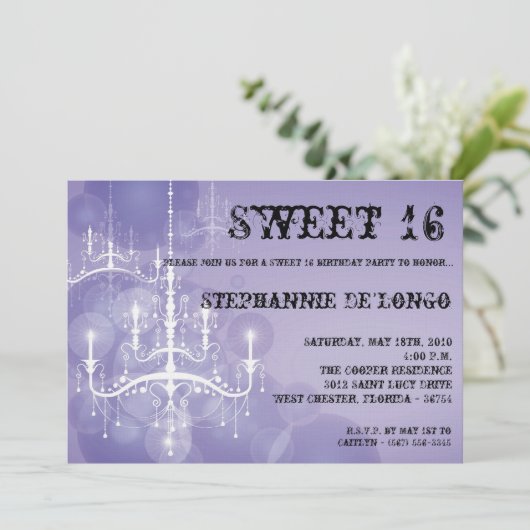 5x7 Paarse Luhandelier Sweet 16 Uitnodiging (Staand voorkant)