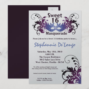 5x7 Paarse Masquerade Sweet 16 Birthday Uitnodigin Kaart