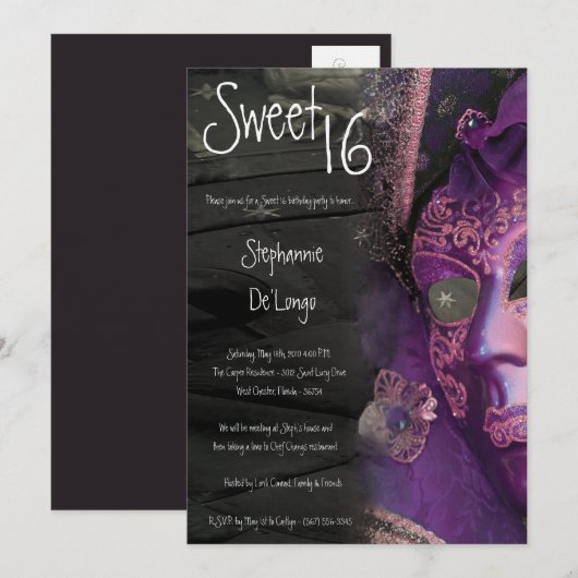 5x7 Paarse Masquerade Sweet 16 Birthday Uitnodigin Kaart (Voorkant / Achterkant)