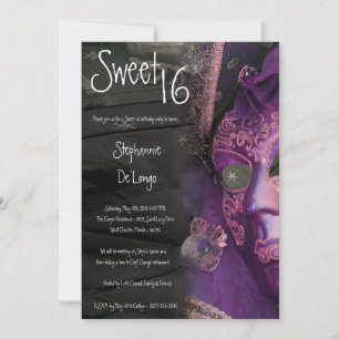 5x7 Paarse Masquerade Sweet 16 Birthday Uitnodigin Kaart