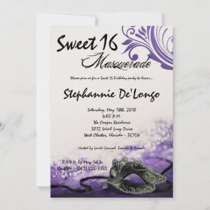 5x7 Paarse Masquerade Sweet 16 Birthday Uitnodigin Kaart