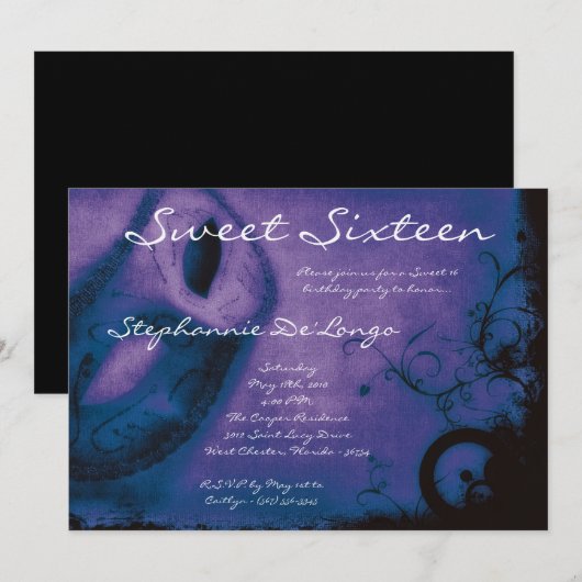 5x7 Paarse Masquerade Sweet 16 Birthday Uitnodigin Kaart (Voorkant / Achterkant)