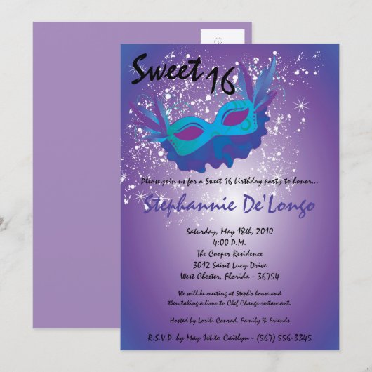 5x7 Paarse Masquerade Sweet 16 Verjaardag Uitnodig Kaart (Voorkant / Achterkant)