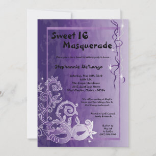 5x7 Paarse Masquerade Sweet 16 Verjaardag Uitnodig Kaart