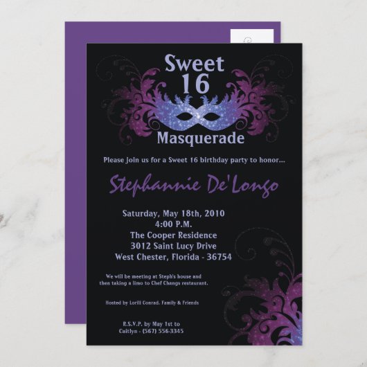 5x7 Paarse Masquerade Sweet 16 Verjaardag Uitnodig Kaart (Voorkant / Achterkant)